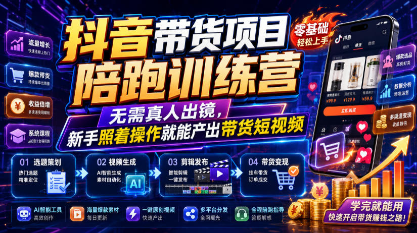 抖音带货项目陪跑训练营,无需真人出镜,新手照着操作就能产出带货短视频-抖音新作品监控助手
