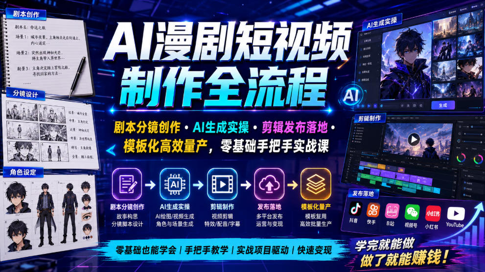 AI漫剧短视频制作全流程｜剧本分镜创作・AI生成实操・剪辑发布落地・模板化高效量产，零基础手把手实战课-抖音新作品监控助手
