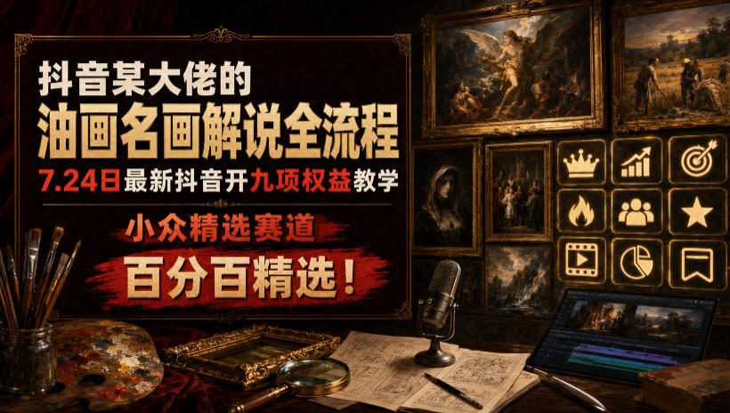 抖音某大佬的油画名画解说全流程，7.24日最新抖音开九项权益教学，小众精选赛道，百分百精选！-抖音新作品监控助手