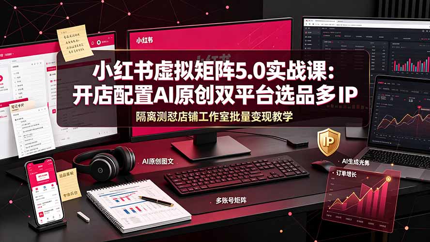 小红书虚拟矩阵5.0实战课：开店配置｜AI原创｜双平台选品｜多IP隔离｜测怼店铺工作室批量变现实操教学-抖音新作品监控助手
