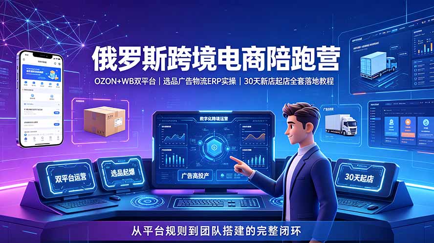 2026俄罗斯跨境电商陪跑营：OZON+WB双平台｜选品广告物流ERP实操｜30天新店起店全套落地教程-抖音新作品监控助手