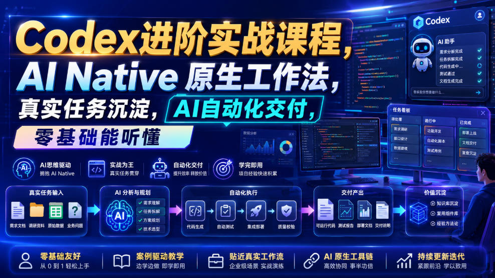 Codex进阶实战课｜AI Native原生工作法，22节真实任务落地，从配置到AI自动化交付全链路教程-抖音新作品监控助手