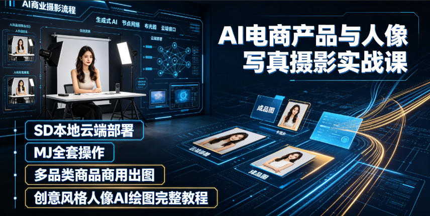 AI电商产品与人像写真摄影实战课｜SD本地云端部署、MJ全套操作、多品类商品商用出图、创意风格人像AI绘图完整教程-抖音新作品监控助手