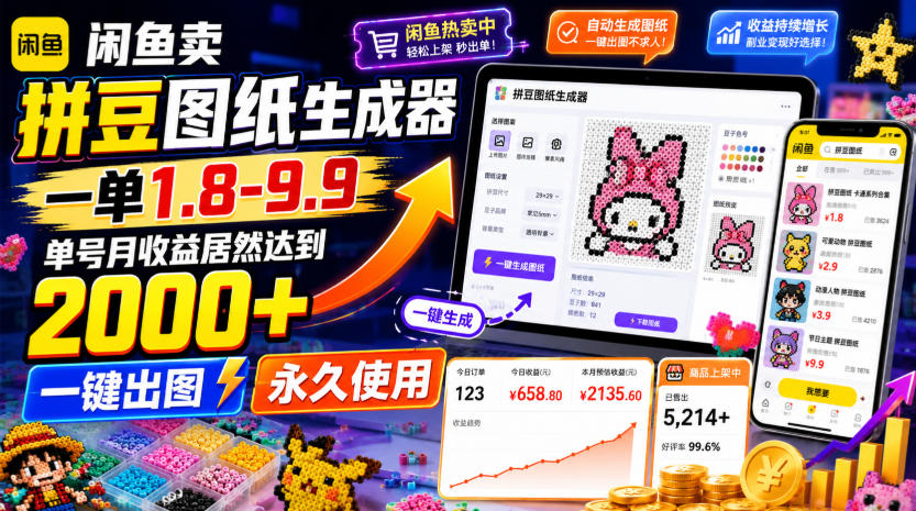 闲鱼卖拼豆图纸生成器，一单1.8-9.9，单号月收益居然达到2000+一键出图永久使用-抖音新作品监控助手