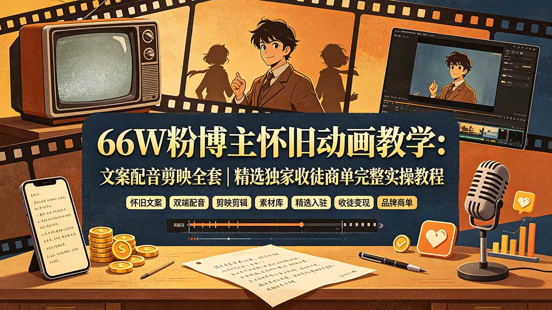 66W粉博主怀旧动画教学：文案配音剪映全套｜精选独家收徒商单完整实操教程-抖音新作品监控助手