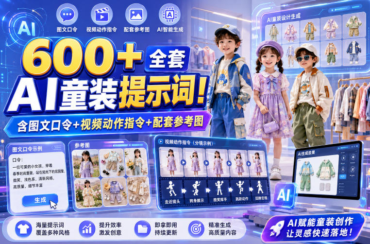 600+全套AI童装提示词！含图文口令+视频动作指令+配套参考图，Word-Excel规整分类，童装电商、种草无脑量产内容！-抖音新作品监控助手