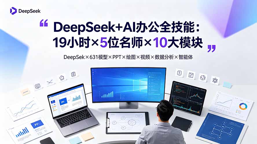 DeepSeek+AI办公全技能：19小时×5位名师×10大模块，DeepSeek×631模型×PPT×绘图×视频×数据分析×智能体-抖音新作品监控助手