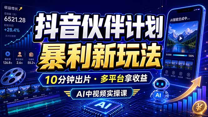抖音伙伴计划最新玩法,无需配音剪辑,10分钟出一条原创视频,轻松日入三位数-抖音新作品监控助手