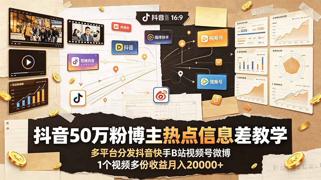 抖音50万粉博主热点信息差教学：多平台分发抖音快手B站视频号微博，1个视频多份收益月入20000+-抖音新作品监控助手