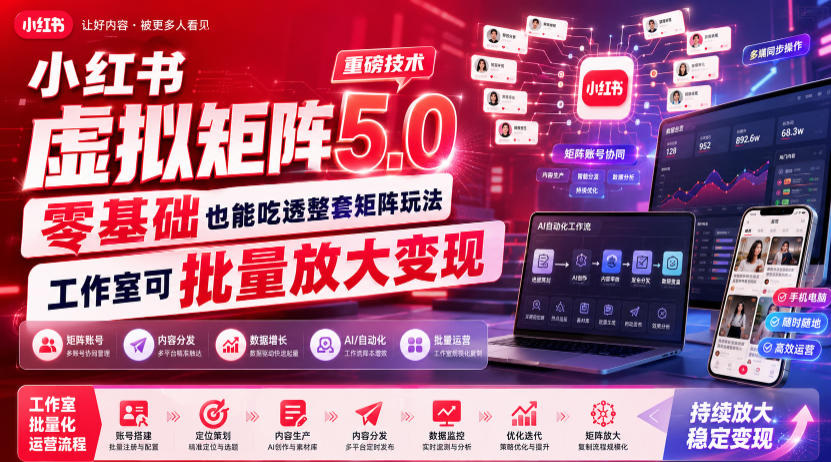 小红书虚拟矩阵5.0重磅技术，零基础也能吃透整套矩阵玩法，工作室可批量放大变现-抖音新作品监控助手