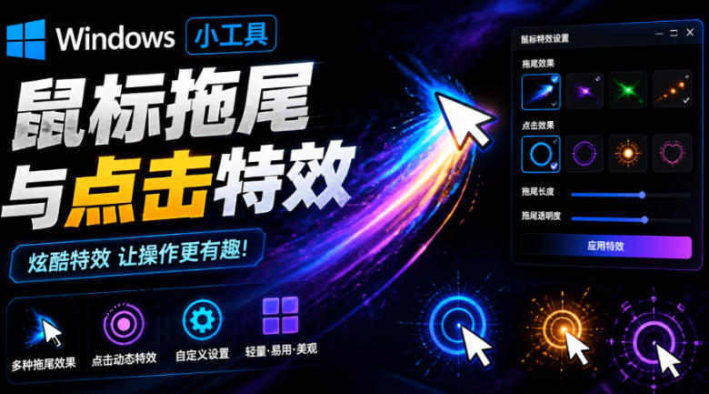 Windows特效小工具！一键给你的鼠标添加拖尾与点击动态特效，吾爱出品，免费使用Mouse Trail-抖音新作品监控助手