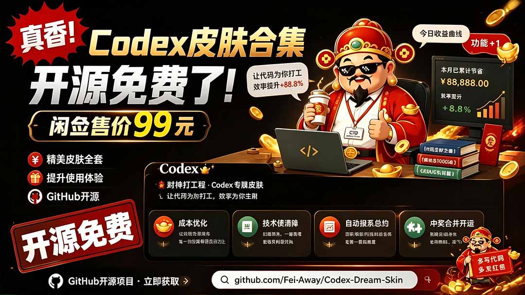 闲鱼售卖99元的Codex皮肤包，GitHub 免费开源了！让你的codex变成精美界面 Codex Dream Skin-抖音新作品监控助手