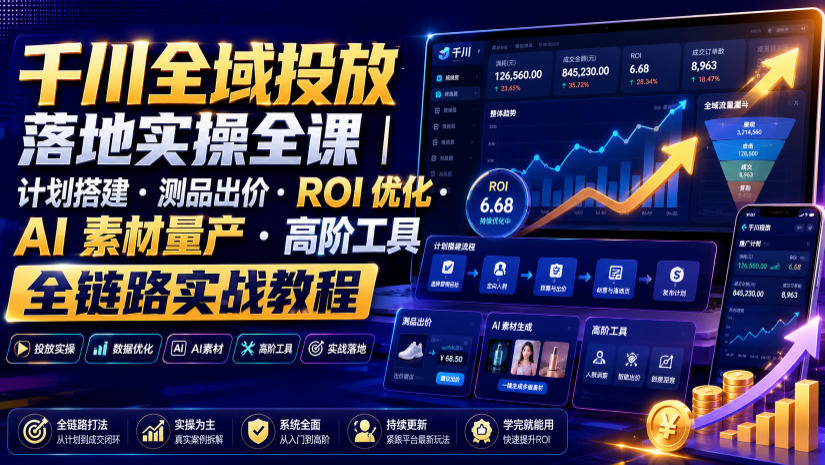 千川全域投放落地实操全课｜计划搭建・测品出价・ROI优化・AI素材量产・高阶工具全链路实战教程-抖音新作品监控助手