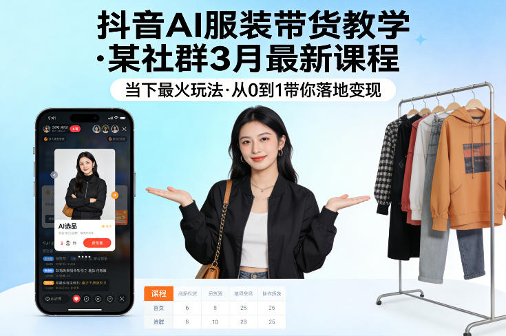 抖音AI服装带货教学，某社群3月最新课程，当下最火玩法，从0到1带你落地变现抖音新作品监控助手-淘宝采集监控新作品下载-快手监控新作品助手-小红书监控新笔记助手-西瓜监控新作品助手-抖音头条监控图文助手-TikTok YouTube监控助手抖音X6-监控新视频-新评论/点赞量- 抖音P12 - 监控抖音发百家平台- 抖音P11 - 监控抖音发B站平台-E创 - 多功能的创业助手-快手S9-快手搬快手发布挂车-快手S8-监控快手发快手-K8工具箱京东带货-抖音P6-抖音X8快手自动搬运带货-短剧漫剧二创素材下载工具-视频带货软件工具抖音监控新作品软件