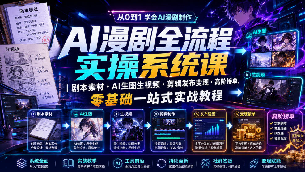 AI漫剧全流程实操系统课｜剧本素材・AI生图生视频・剪辑发布变现・高阶接单，零基础一站式实战教程-抖音新作品监控助手