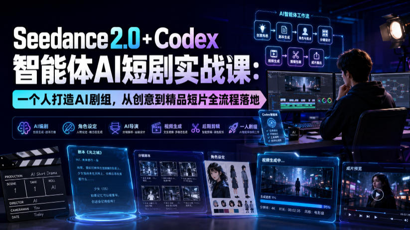 Seedance2.0+Codex智能体AI短剧实战课：一个人打造AI剧组，从创意到精品短片全流程-抖音新作品监控助手