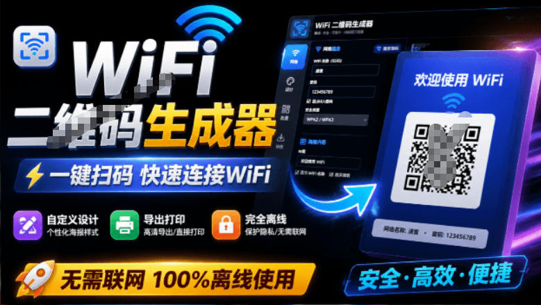 完全离线使用！WiFi二维码生成器，一键扫码快速连接WiFi，支持自定义风格导出WiFi二维码生成器-抖音新作品监控助手