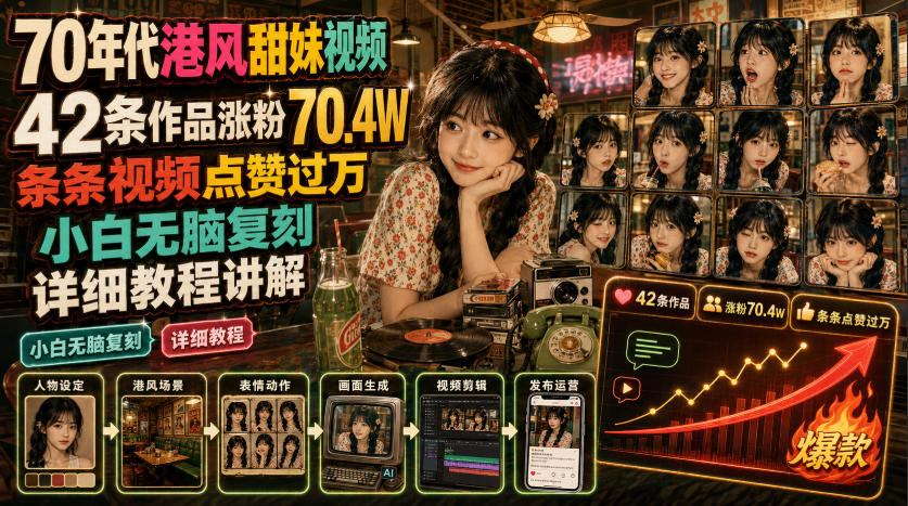 70年代港风甜妹视频，42条作品涨粉70.4W，条条视频点赞过万，小白无脑复刻，详细教程讲解-抖音新作品监控助手