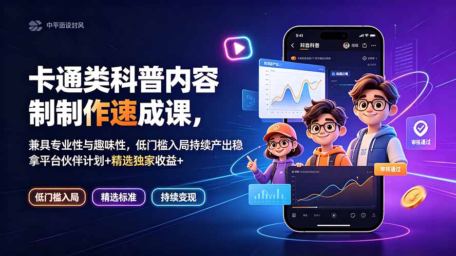 卡通类科普内容制作速成课，兼具专业性与趣味性，低门槛入局持续产出稳拿平台伙伴计划+精选独家收益-抖音新作品监控助手