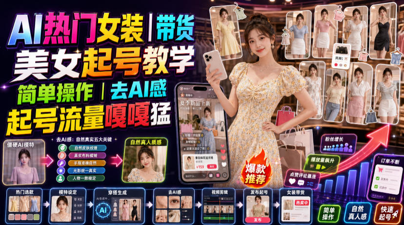 AI热门女装带货丨美女起号教学，简单操作，去AI感，起号流量嘎嘎猛-抖音新作品监控助手