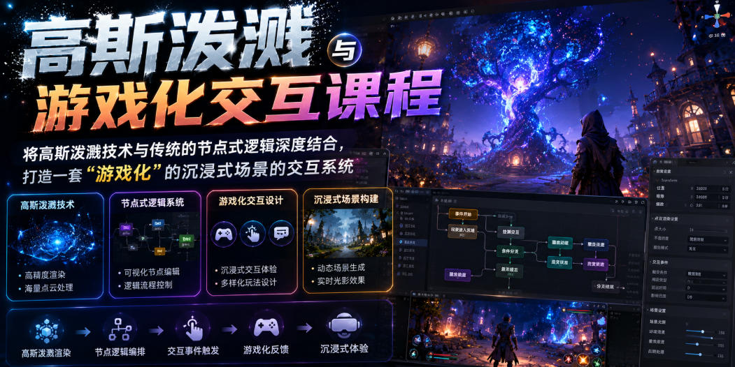 高斯泼溅与游戏化交互课程，将高斯泼溅技术与传统的节点式逻辑深度结合，打造一套“游戏化”的沉浸式场景的交互系统-抖音新作品监控助手