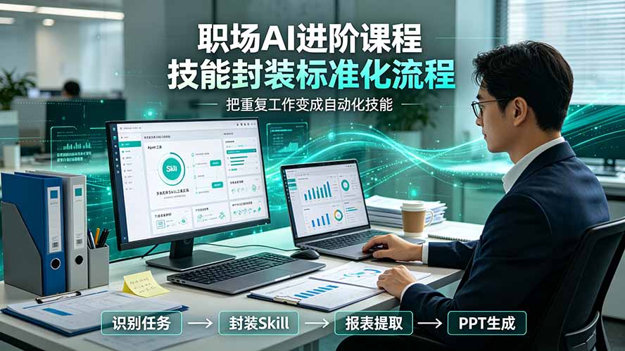 职场AI进阶课程；多类实用Skill工具实操，专属技能封装标准化流程，报表行业报告一键提取核心内容-抖音新作品监控助手