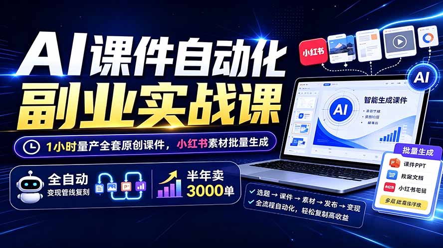 AI课件自动化副业实战课：1小时量产全套原创课件×小红书素材批量生成×全自动变现管线×半年卖3000单-抖音新作品监控助手