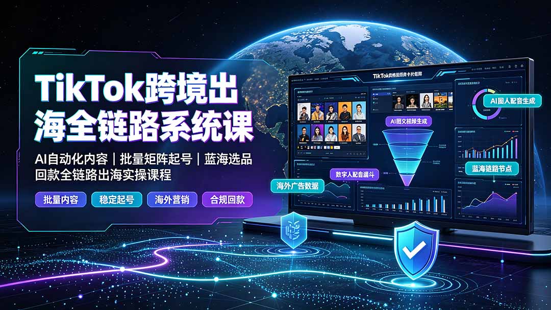 TikTok跨境出海全链路系统课-2026年7月:AI自动化内容|批量矩阵起号|蓝海选品回款全链路出海实操课程-抖音新作品监控助手