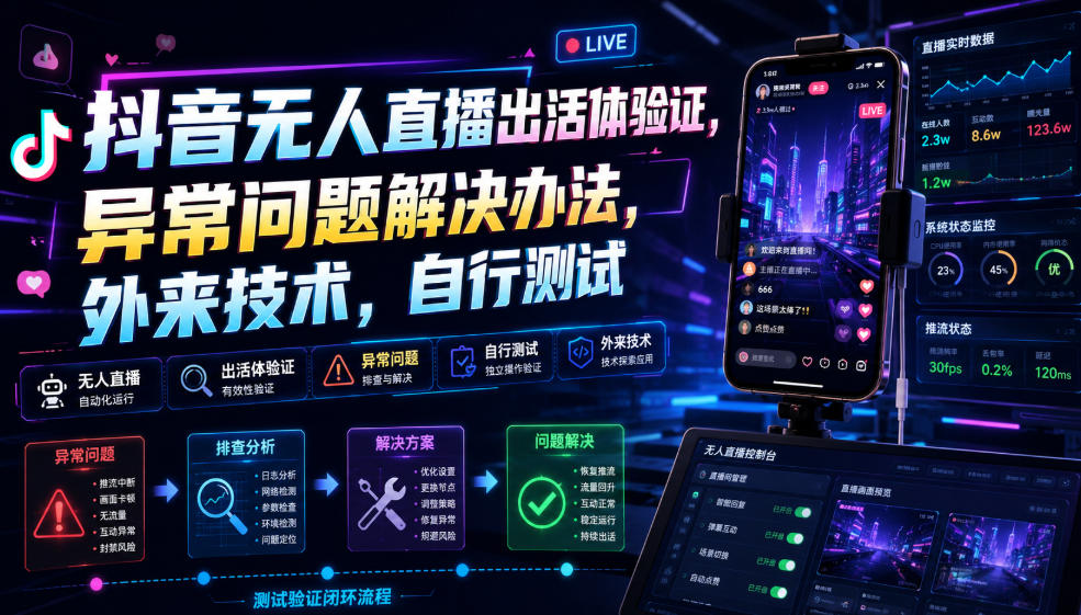 抖音无人直播出活体验证，异常问题解决办法，外来技术，自行测试-抖音新作品监控助手
