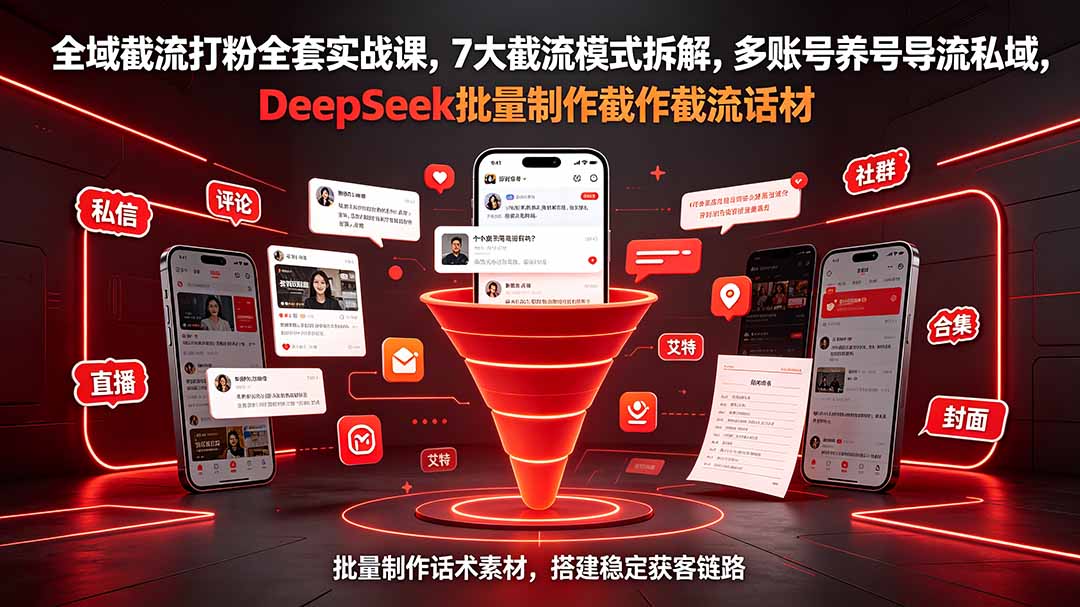 全域截流打粉全套实战课，7大截流模式拆解，多账号养号导流私域，DeepSeek批量制作截流话术素材-抖音新作品监控助手