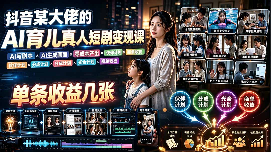 AI育儿真人短剧变现课：AI写剧本×AI生成画面×零成本产出×伙伴计划×分成计划×光合计划×商单收徒-抖音新作品监控助手