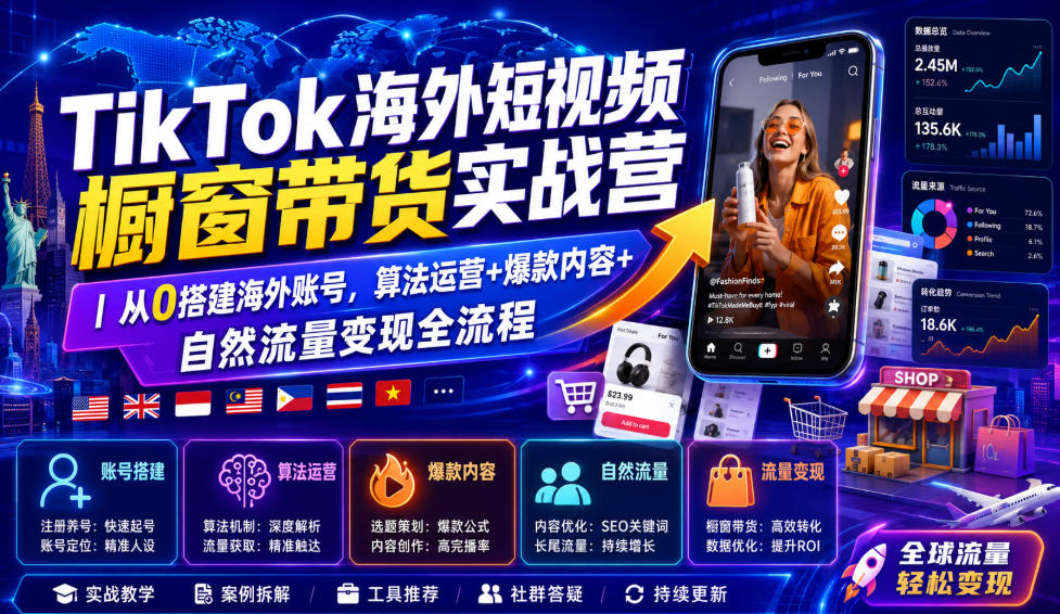 TikTok海外短视频橱窗带货实战营｜从0搭建海外账号，算法运营+爆款内容+自然流量变现全流程-抖音新作品监控助手