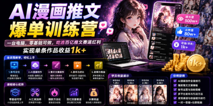 AI漫画推文爆单训练营，一台电脑，零基础可做，吃透百亿推文赛道红利，实现单条作品收益1k+-抖音新作品监控助手