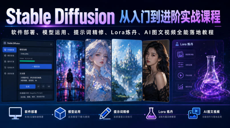Stable Diffusion从入门到进阶实战课程｜软件部署、模型运用、提示词精修、Lora炼丹、AI图文视频全能落地教程-抖音新作品监控助手