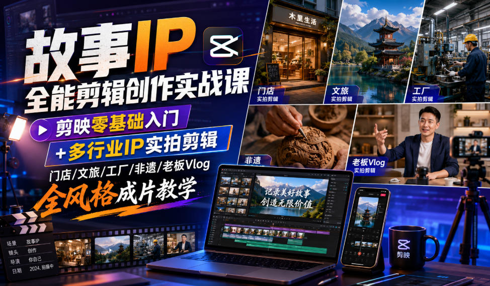 故事IP全能剪辑创作实战课｜剪映零基础入门+多行业IP实拍剪辑，门店/文旅/工厂/非遗/老板Vlog全风格成片教学-抖音新作品监控助手