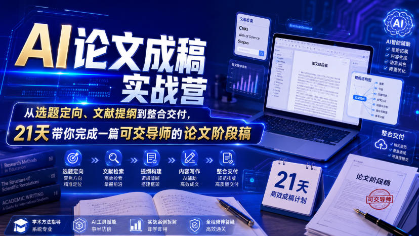 AI论文成稿实战营，从选题定向、文献提纲到整合交付，21天带你完成一篇可交导师的论文阶段稿-抖音新作品监控助手