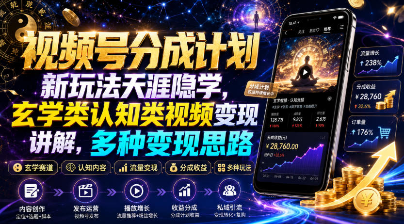视频号分成计划新玩法天涯隐学，玄学类认知类视频变现讲解，多种变现思路-抖音新作品监控助手