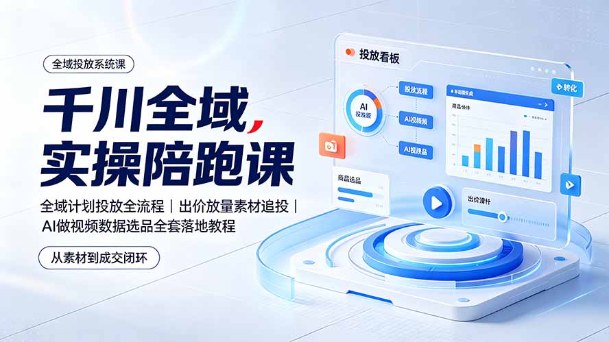 千川全域实操陪跑课：全域计划投放全流程｜出价放量素材追投｜AI做视频数据选品全套落地教程-抖音新作品监控助手