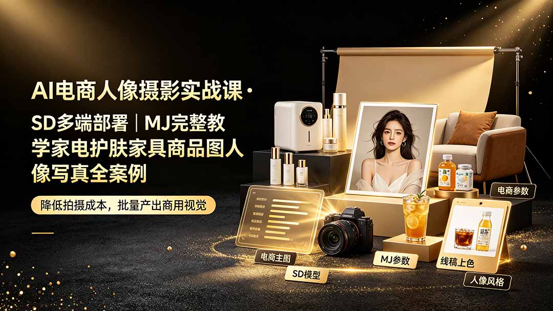 AI电商人像摄影实战课·SD多端部署｜MJ完整教学｜家电护肤家具商品图人像写真全案例-抖音新作品监控助手