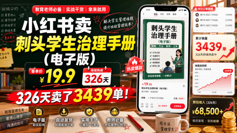 小红书卖刺头学生治理手册(电子版)，客单价19.9，326天卖了3439单！-抖音新作品监控助手