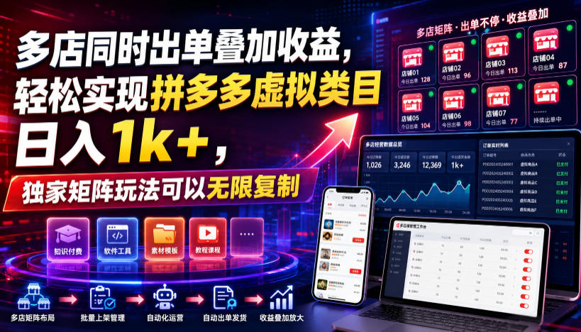 多店同时出单叠加收益，轻松实现拼多多虚拟类目日入1k+，独家矩阵玩法可以无限复制【揭秘】-抖音新作品监控助手