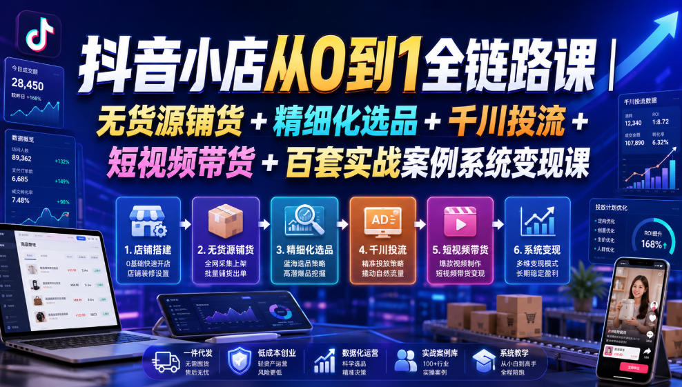 抖音小店从0到1全链路课｜无货源铺货+精细化选品+千川投流+短视频带货+百套实战案例系统变现课(2026年7月更新)-抖音新作品监控助手