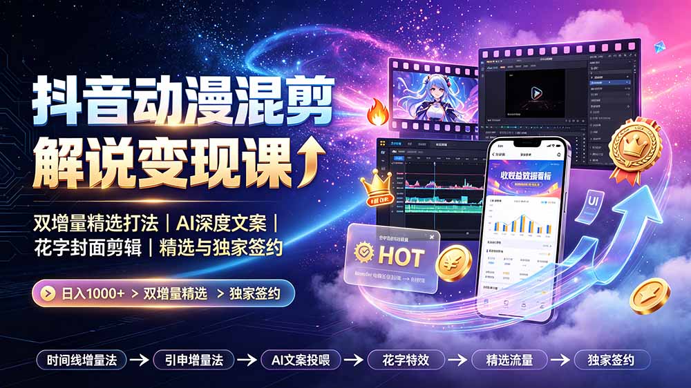 抖音动漫混剪解说变现课：双增量精选打法｜AI深度文案｜花字封面剪辑｜ 精选与独家签约日入1000+-抖音新作品监控助手