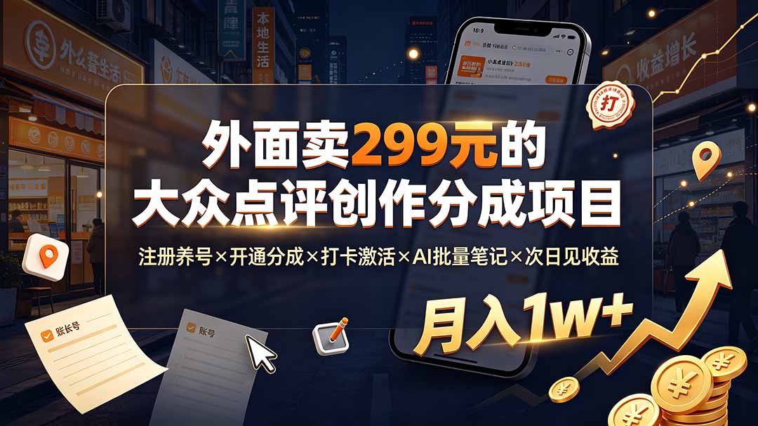 外面卖299元的大众点评创作分成项目：注册养号×开通分成×打卡激活×AI批量笔记×次日见收益，月入1w+-抖音新作品监控助手