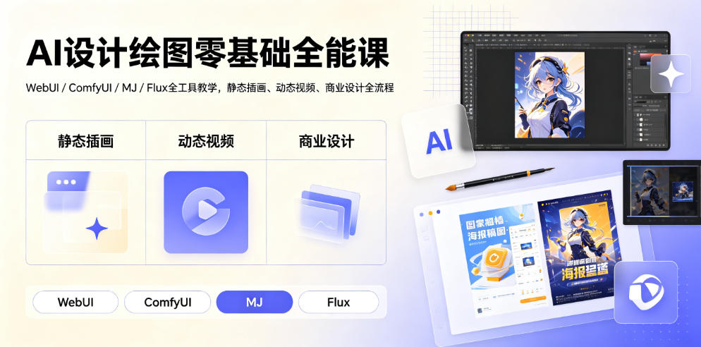 AI设计绘图零基础全能课｜WebUI/ComfyUI/MJ/Flux全工具教学，静态插画、动态视频、商业设计全流程-抖音新作品监控助手