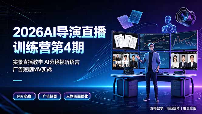 2026AI导演直播训练营第4期，实景直播教学AI分镜视听语言，广告短剧MV实战，解决人物画面崩坏痛点-抖音新作品监控助手