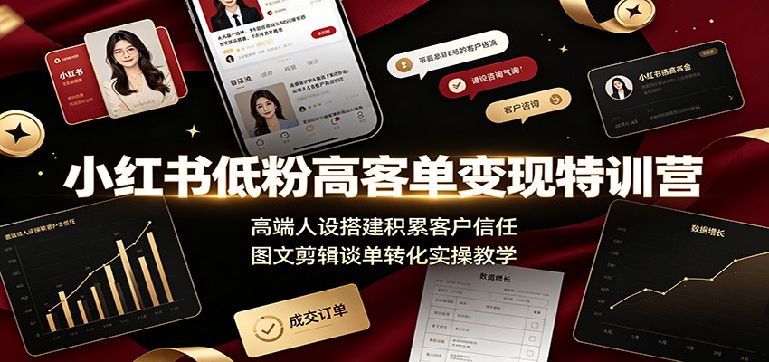 小红书低粉高客单变现特训营：高端人设搭建积累客户信任，图文剪辑谈单转化实操教学-抖音新作品监控助手