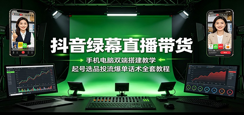 抖音绿幕直播带货：手机电脑双端搭建教学，起号选品投流爆单话术全套教程-抖音新作品监控助手
