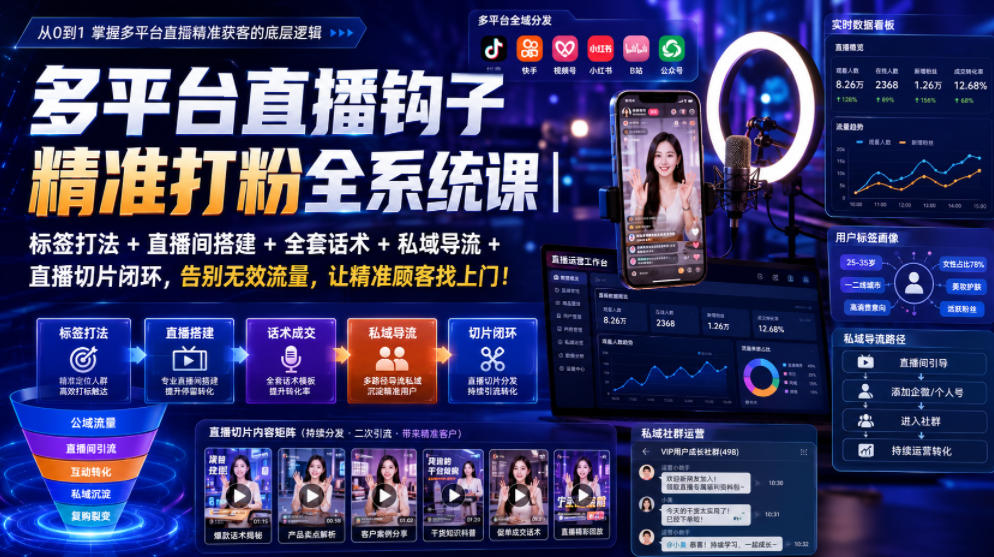 多平台直播钩子精准打粉全系统课｜标签打法+直播间搭建+全套话术+私域导流+直播切片闭环，告别无效流量，让精准顾客找上门！-抖音新作品监控助手