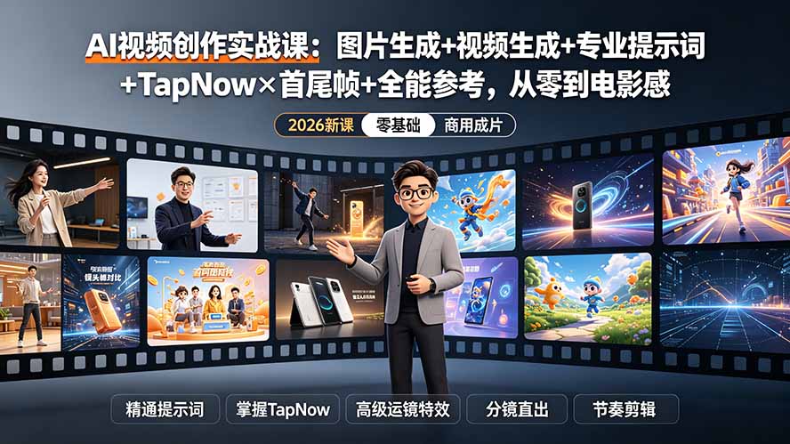 AI视频创作实战课：图片生成+视频生成+专业提示词+TapNow×首尾帧+全能参考，从零到电影感成片-抖音新作品监控助手